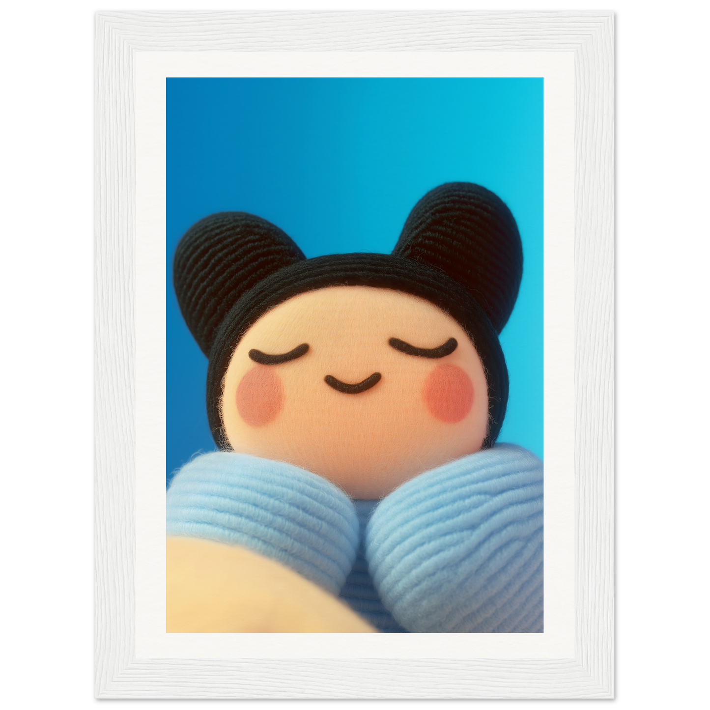 Skybound Plush Reverie framed wall art with a cute plush face on a vibrant sky background, perfect for home and room decor.