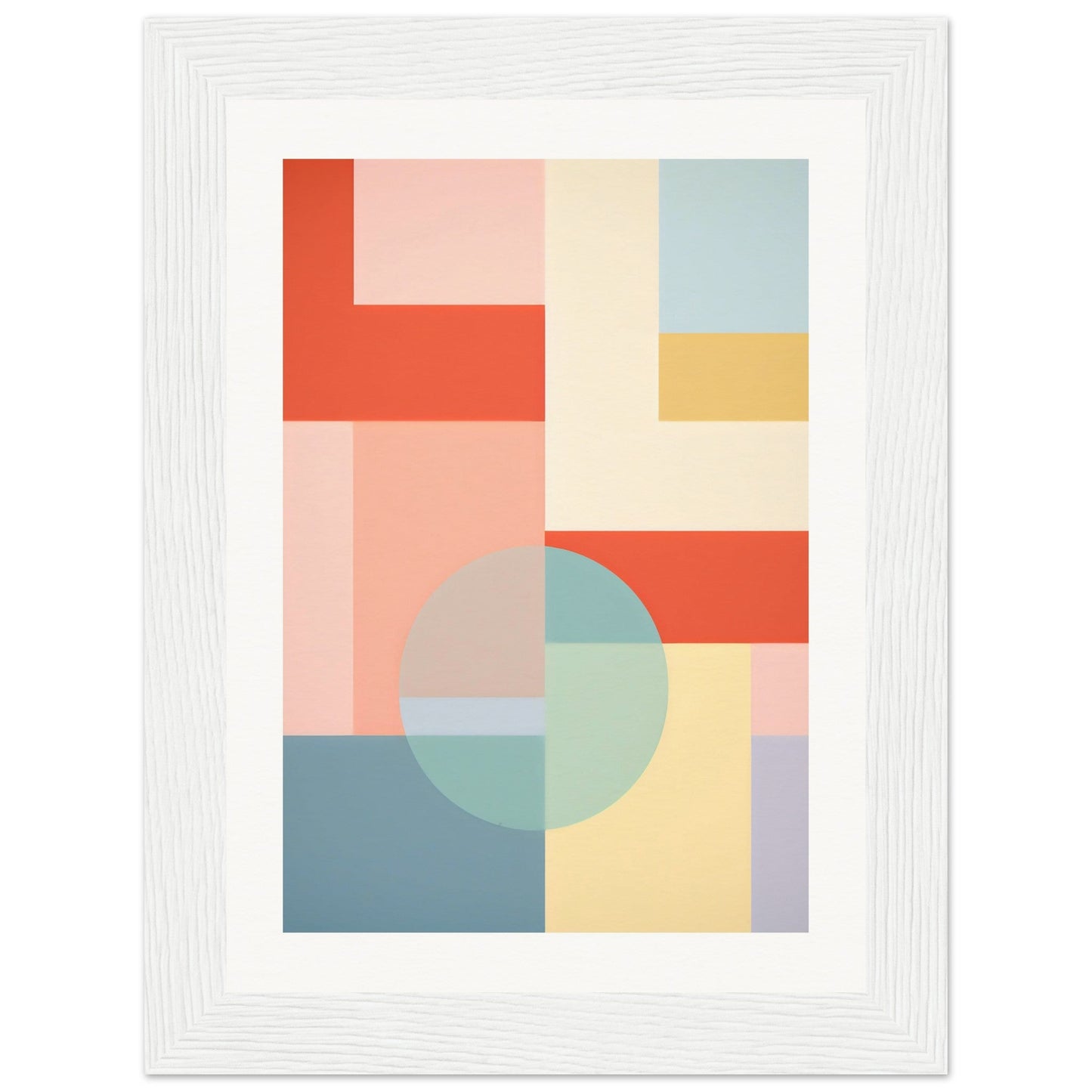 Abstract geometric artwork featuring colorful rectangular shapes and a circular element in pastel hues.