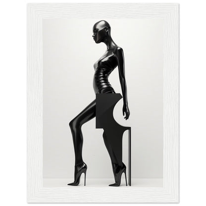 Sleek black mannequin striking a dramatic pose in high heels.