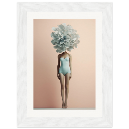 Figure in a pale blue swimsuit with a large, soft blue-green flower in place of a head.