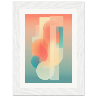 Abstract geometric composition featuring overlapping translucent shapes in soft pastel colors.