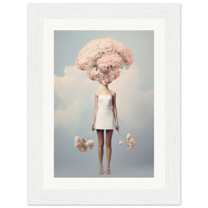 Surreal figure with cotton candy-like pink cloud for a head, wearing a white dress and holding cotton candy in each hand.