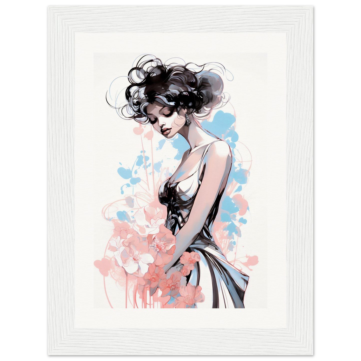 Artistic portrait of a woman with curly hair in a flowing dress, rendered in watercolor-like style with splashes of pink and blue.