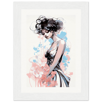 Artistic portrait of a woman with curly hair in a flowing dress, rendered in watercolor-like style with splashes of pink and blue.