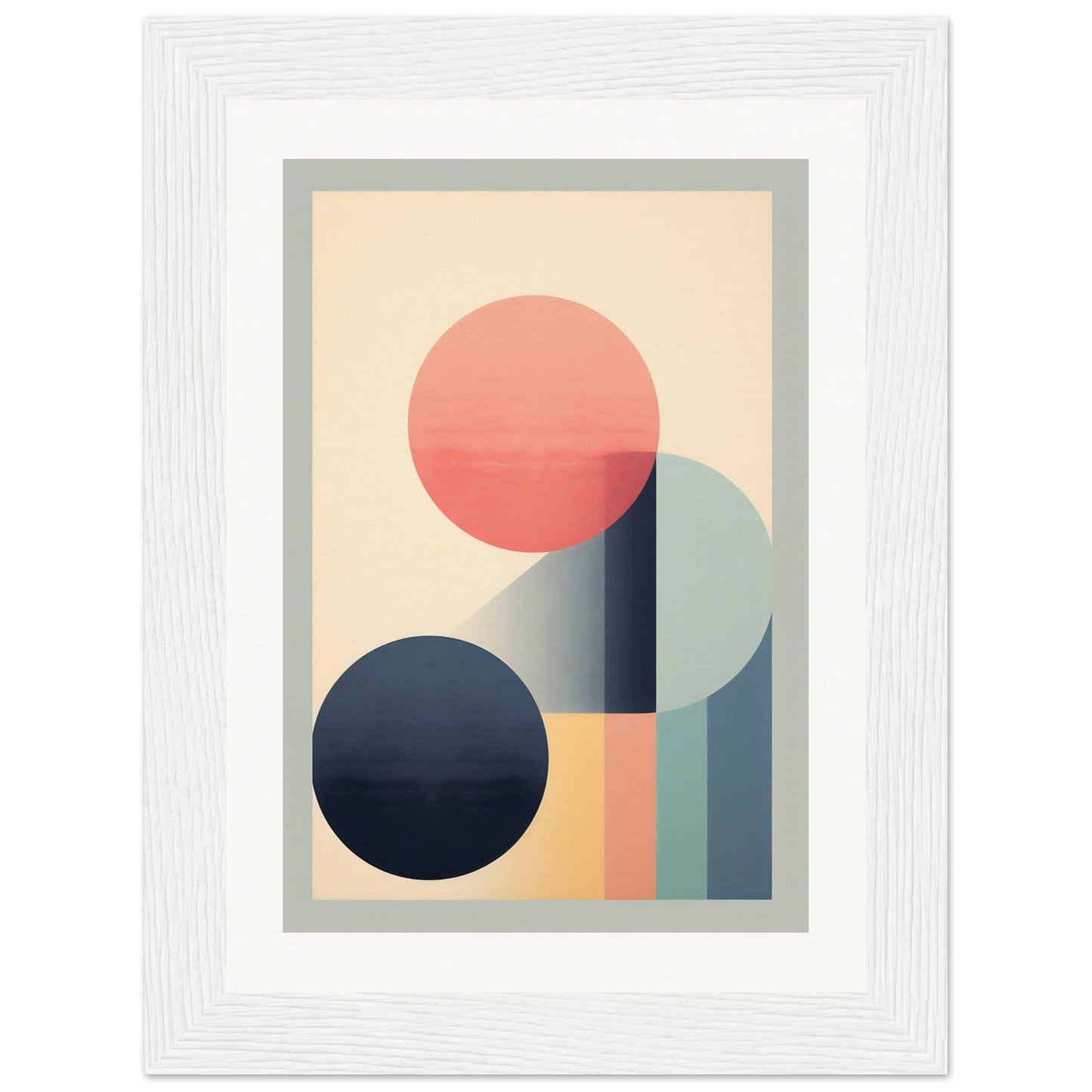 Abstract geometric artwork featuring circles and rectangular shapes in muted pastel colors.