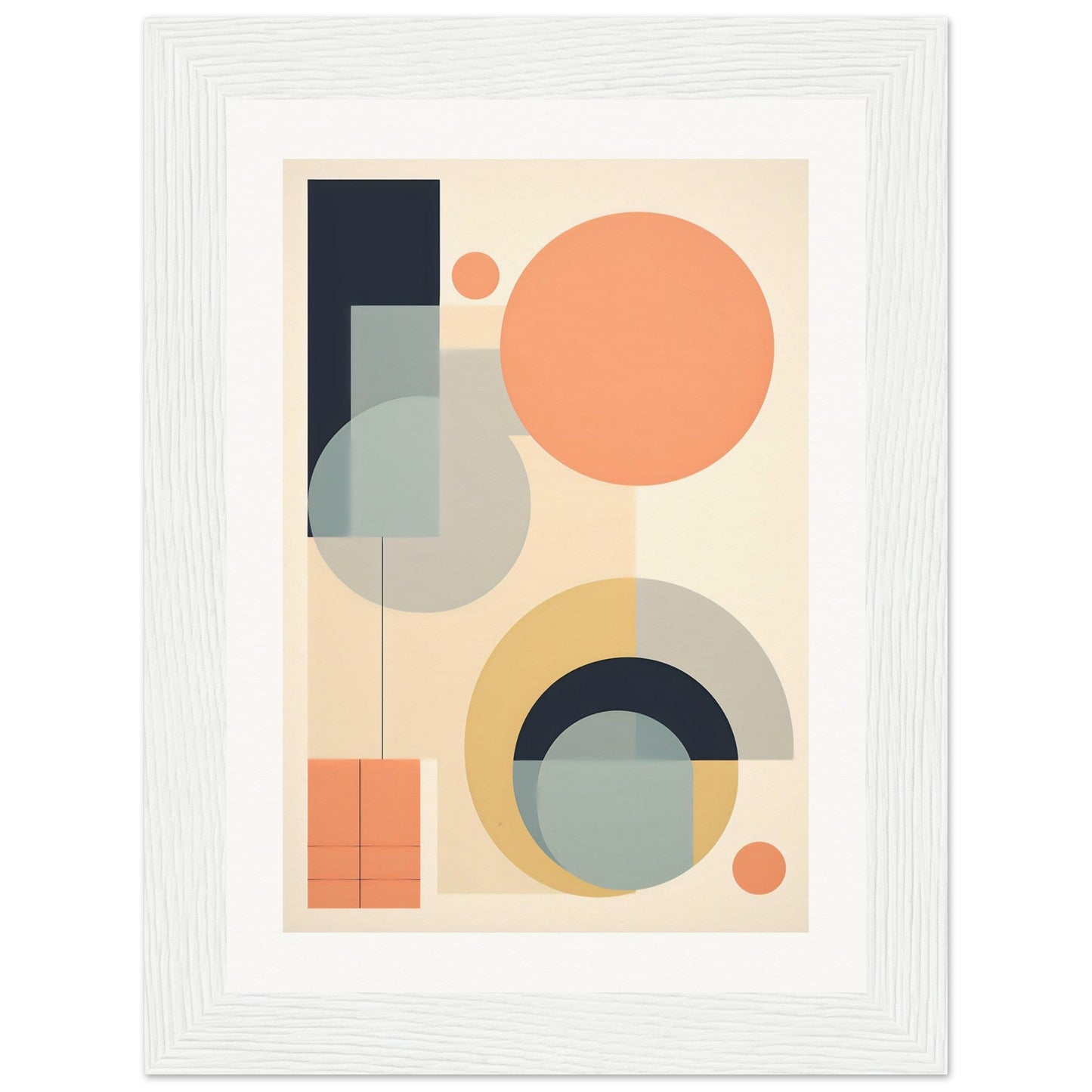 Abstract geometric artwork featuring circles, semicircles, and rectangles in muted pastel colors.