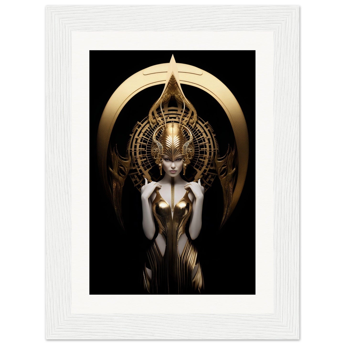 A stylized golden figure with an elaborate headdress and ornate body design against a dark background.