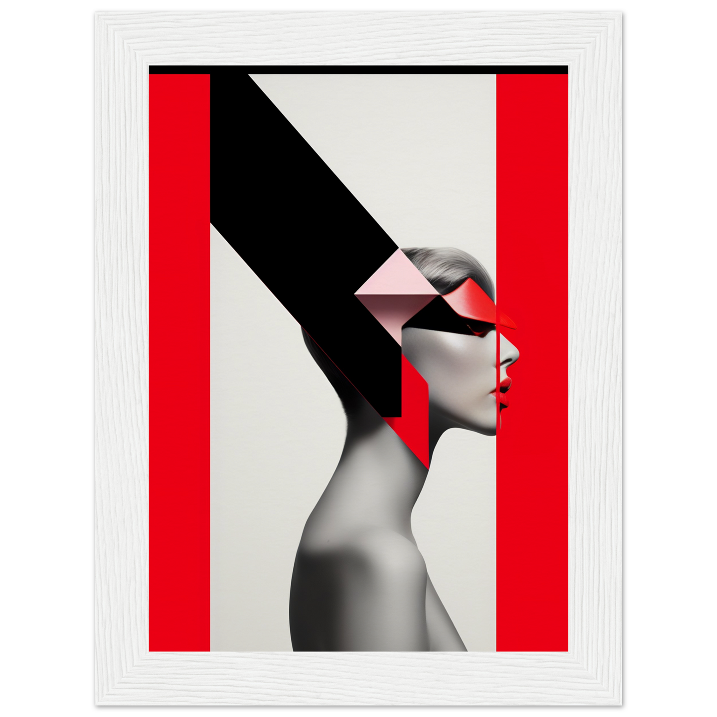 Profile view of a person with geometric shapes obscuring parts of their face and neck against a bold red and white background.