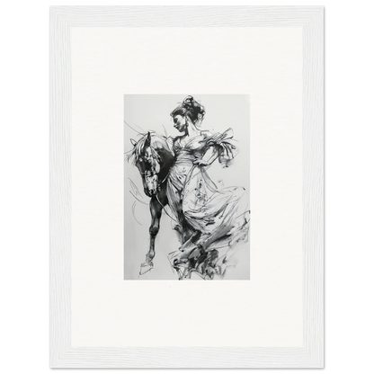 Black and white sketch of a woman in a flowing dress on a horse for Stardust Morph Whimsy