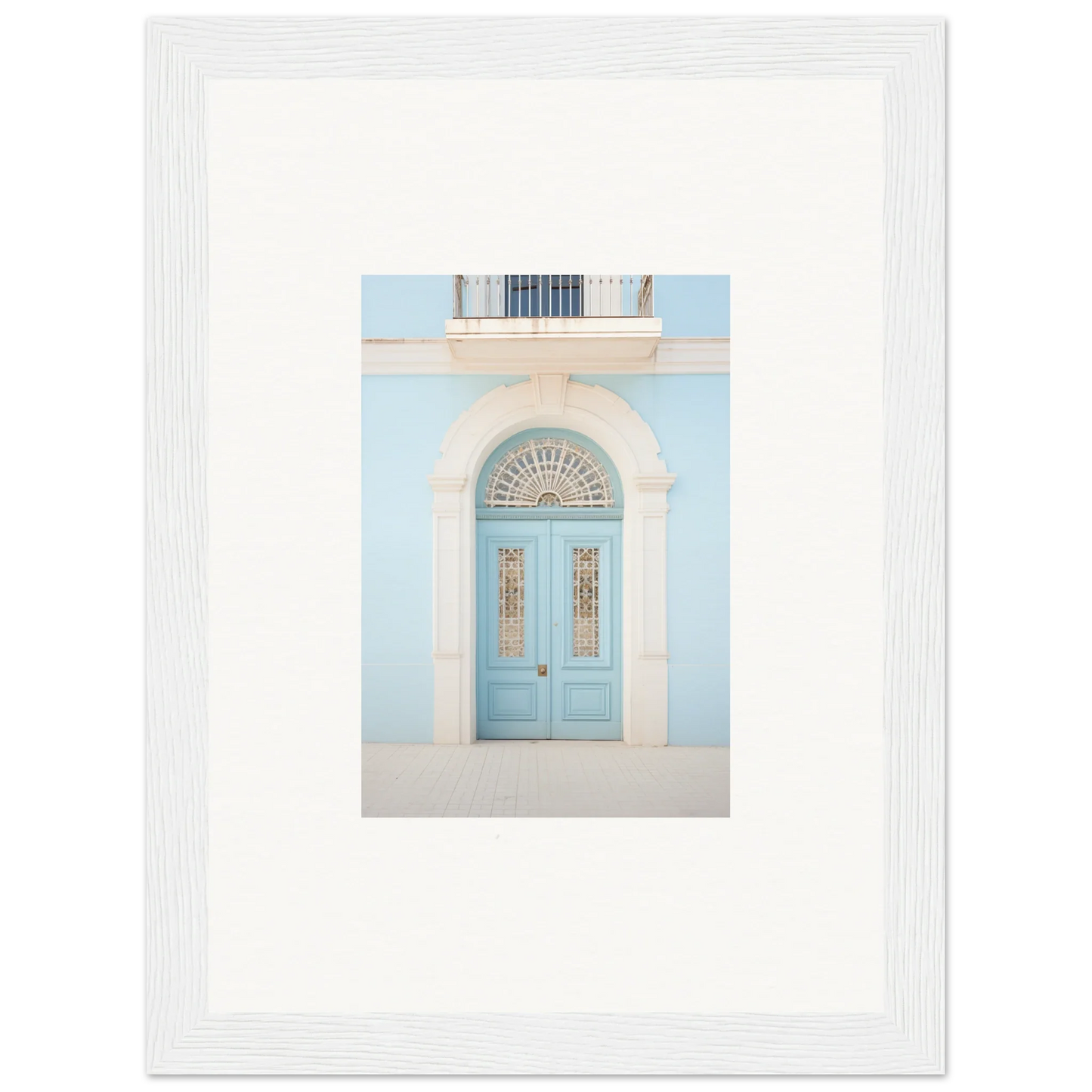 Light blue arched double door and glass panels in Delphinium Dream Portal art