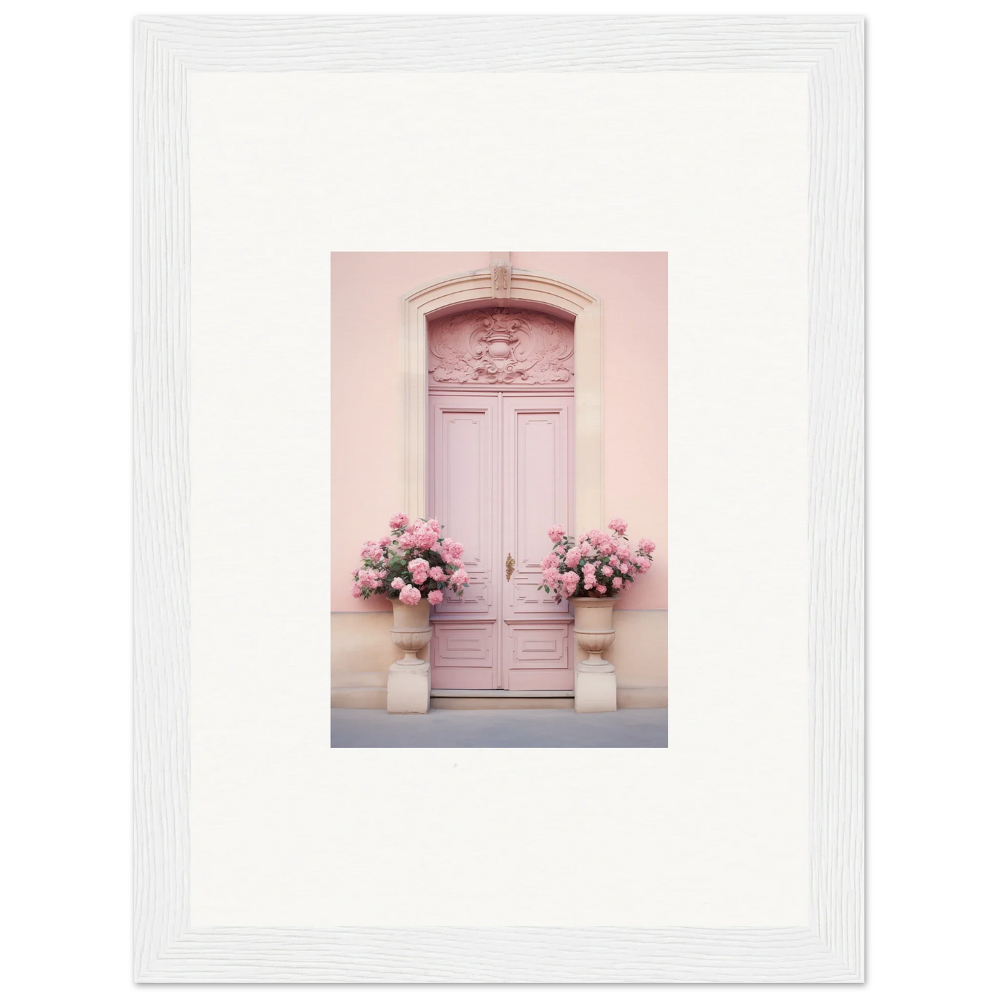 Pink door with ornate details and floral arrangements, part of Rosy Cosmos Gateway