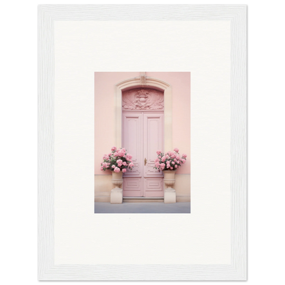 Pink door with ornate details and floral arrangements, part of Rosy Cosmos Gateway