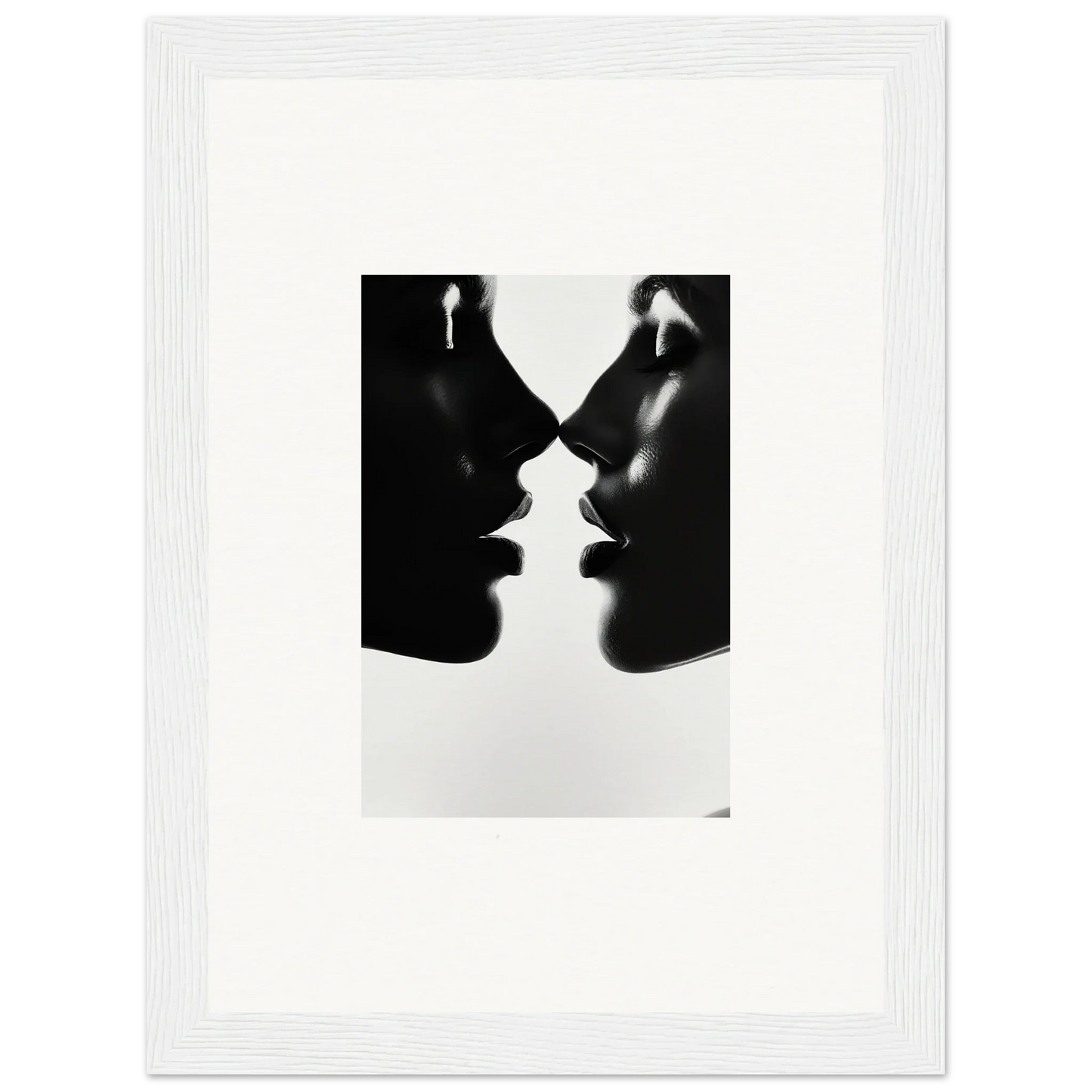 Two silhouettes in a near-kiss, perfect for Eclipsing Soulcare Kisses framed wall art