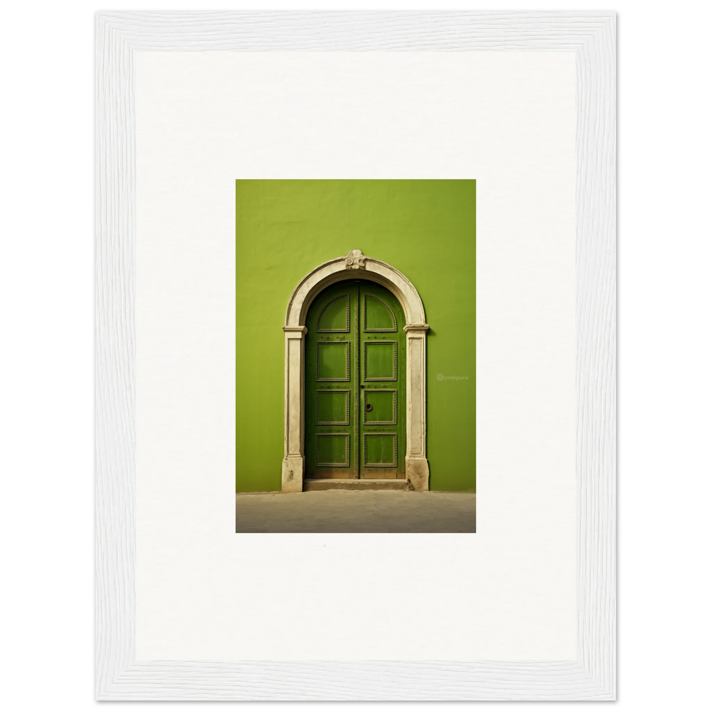 Arched green wooden door with stone frame from Vert Barcode Reverie special edition art™