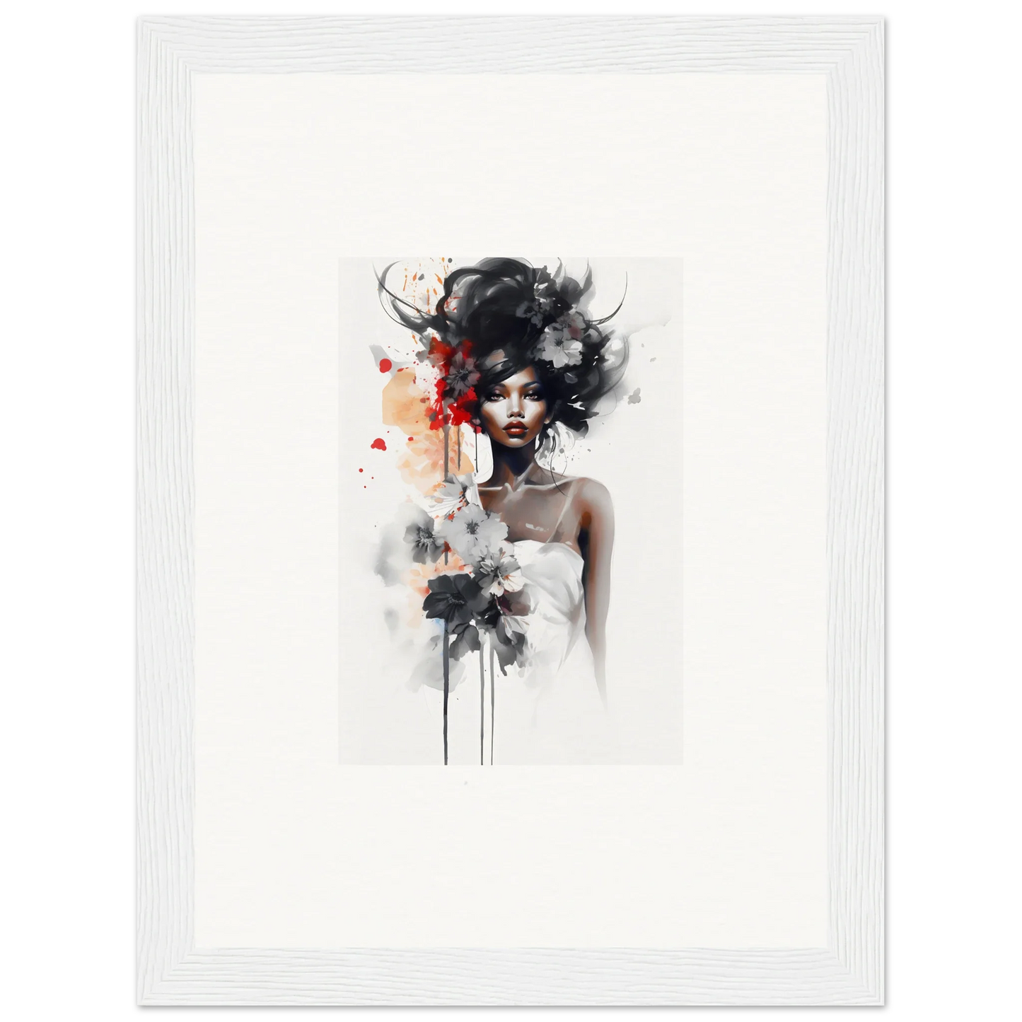 Artistic watercolor portrait with flowing black hair in Plume Sultry Reverie special edition art™