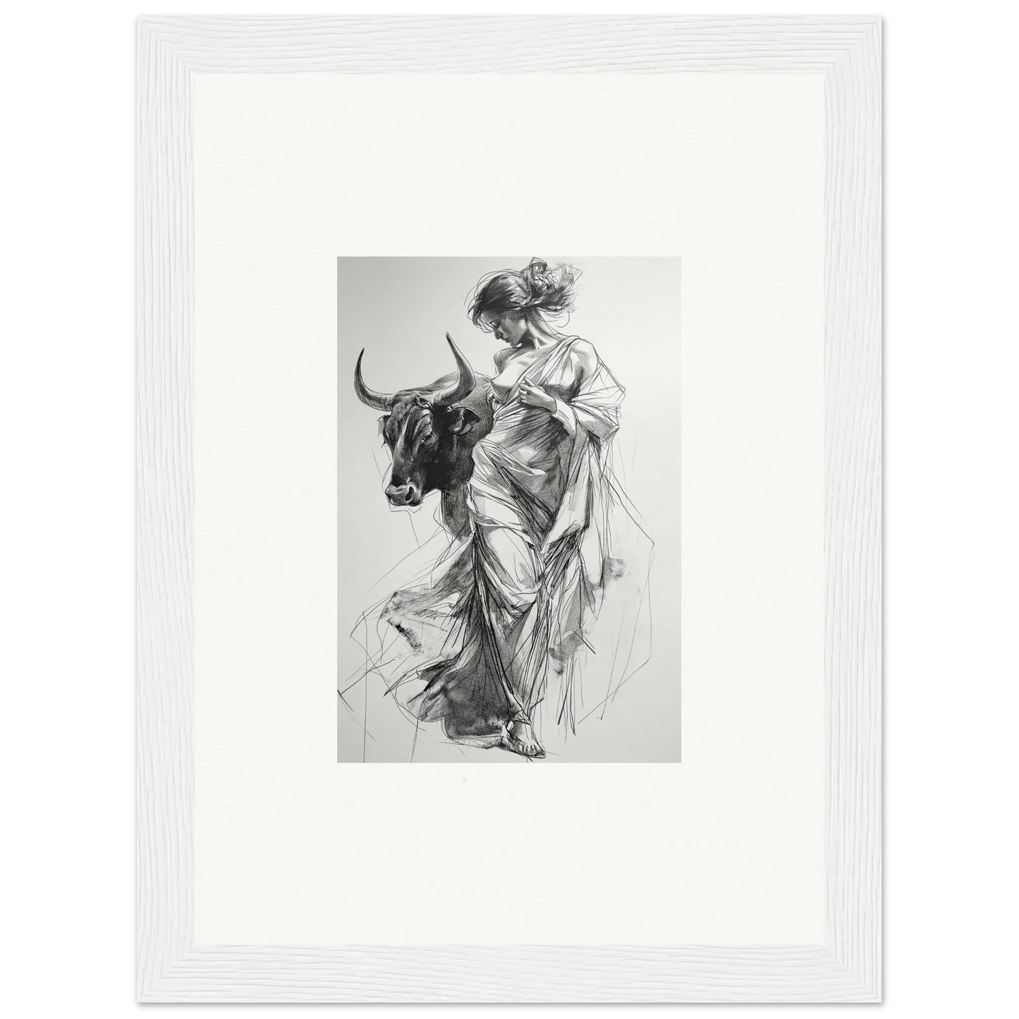 Black and white sketch of a figure in flowing dress with bull in Splashing Gaze Melds art