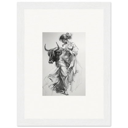 Black and white sketch of a figure in flowing dress with bull in Splashing Gaze Melds art