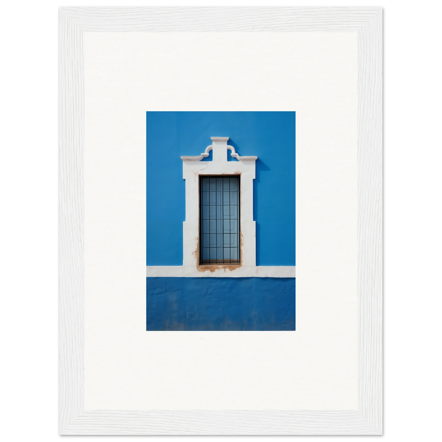 White-framed window with metal bars on blue wall, perfect for Liquid Azure Quest art