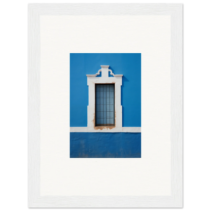 White-framed window with metal bars on blue wall, perfect for Liquid Azure Quest art