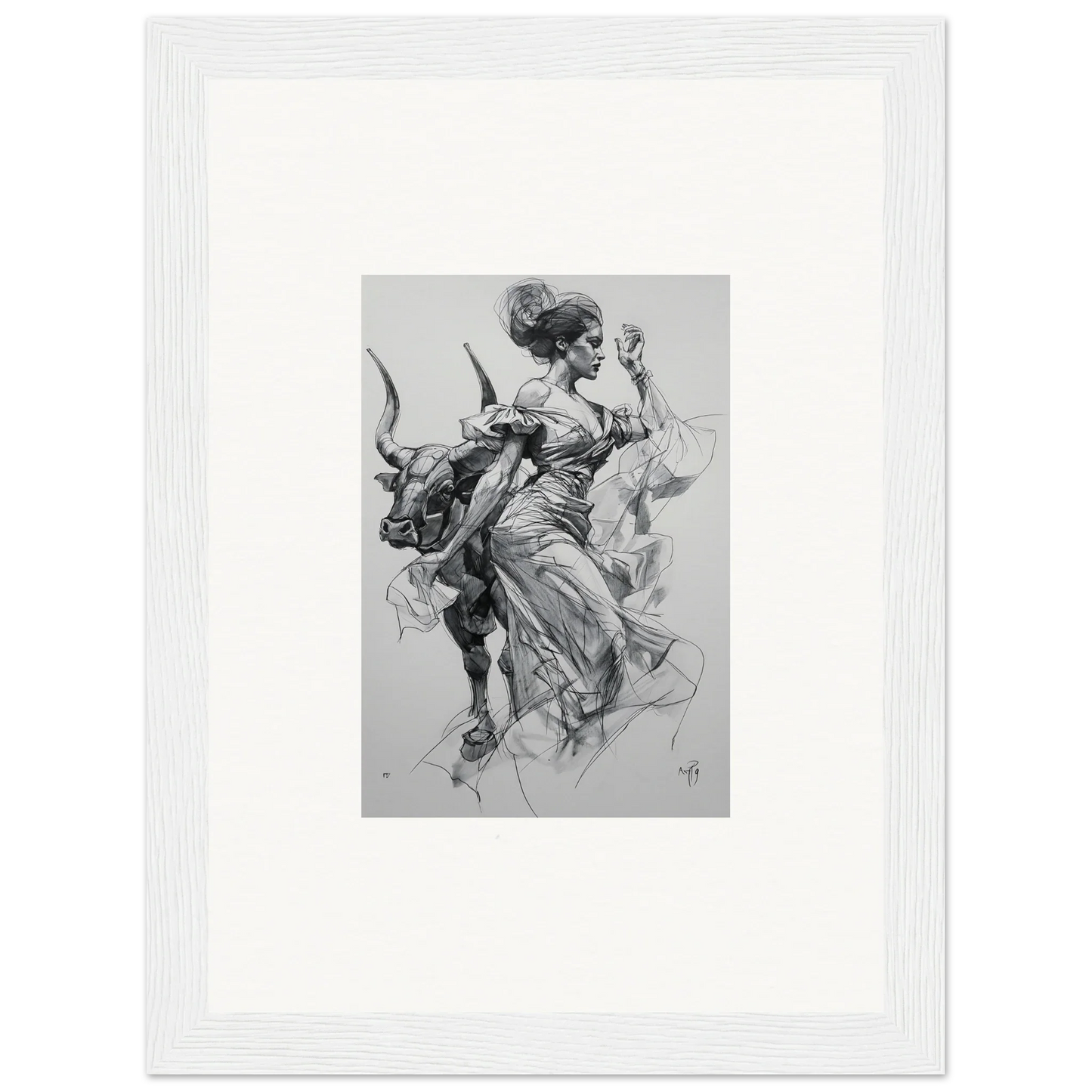 Stylish black and white sketch of a couple dancing for Sirens’ Veil Matador framed art