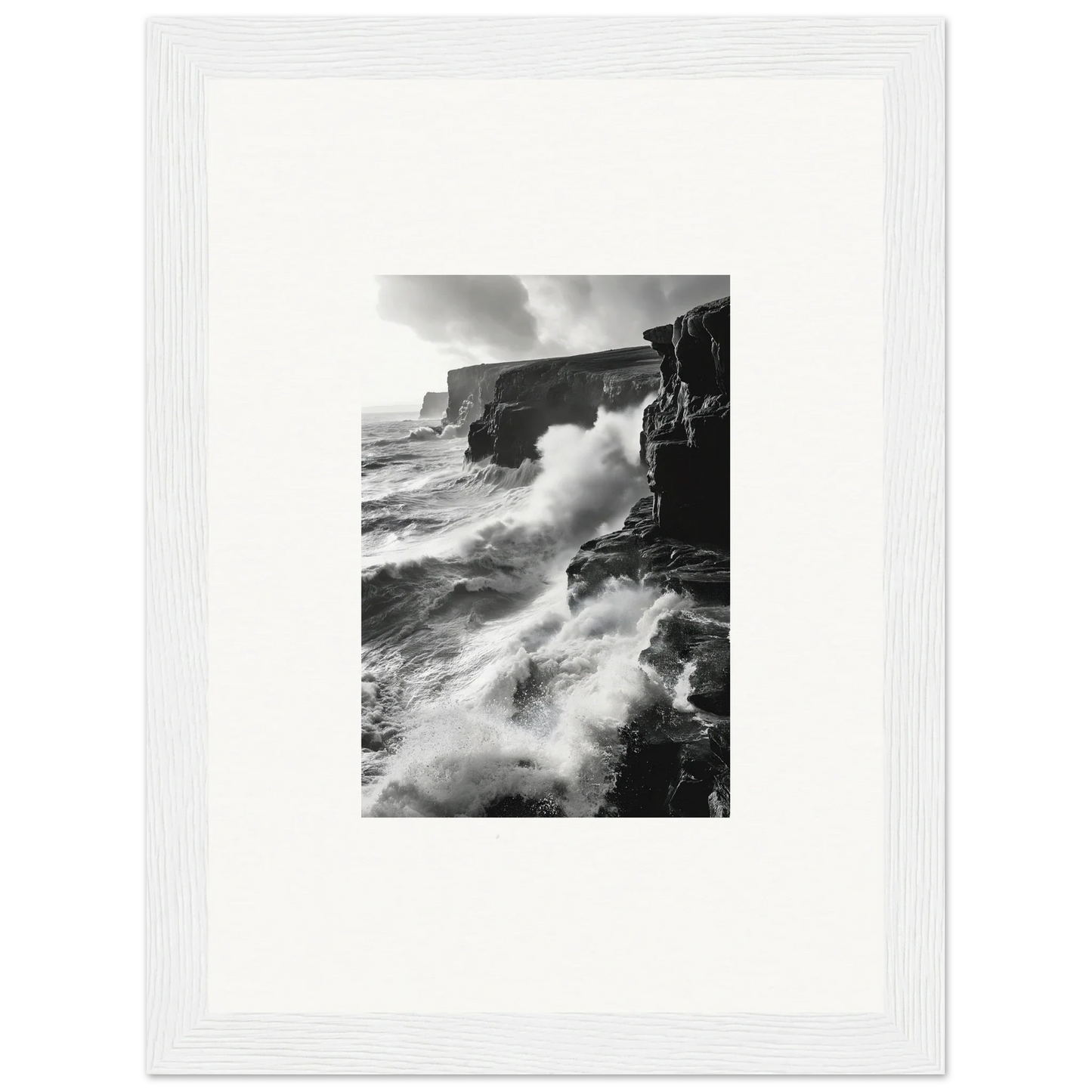 Dramatic black and white waves crash on cliffs in Tempestuous Rock Ballet special edition art™