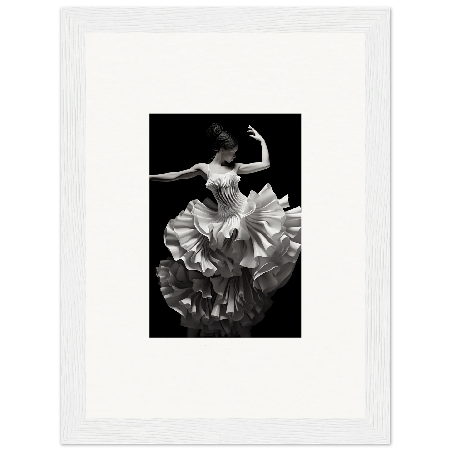 Dancer in a ruffled white dress twirls, showcasing Tangled Luminous Laces art