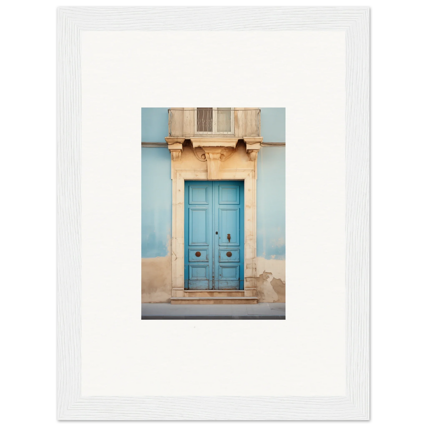 Bright turquoise wooden door with ornate trim for the Ephemeral Dreamscape Doorway