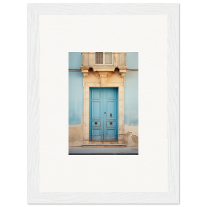 Bright turquoise wooden door with ornate trim for the Ephemeral Dreamscape Doorway