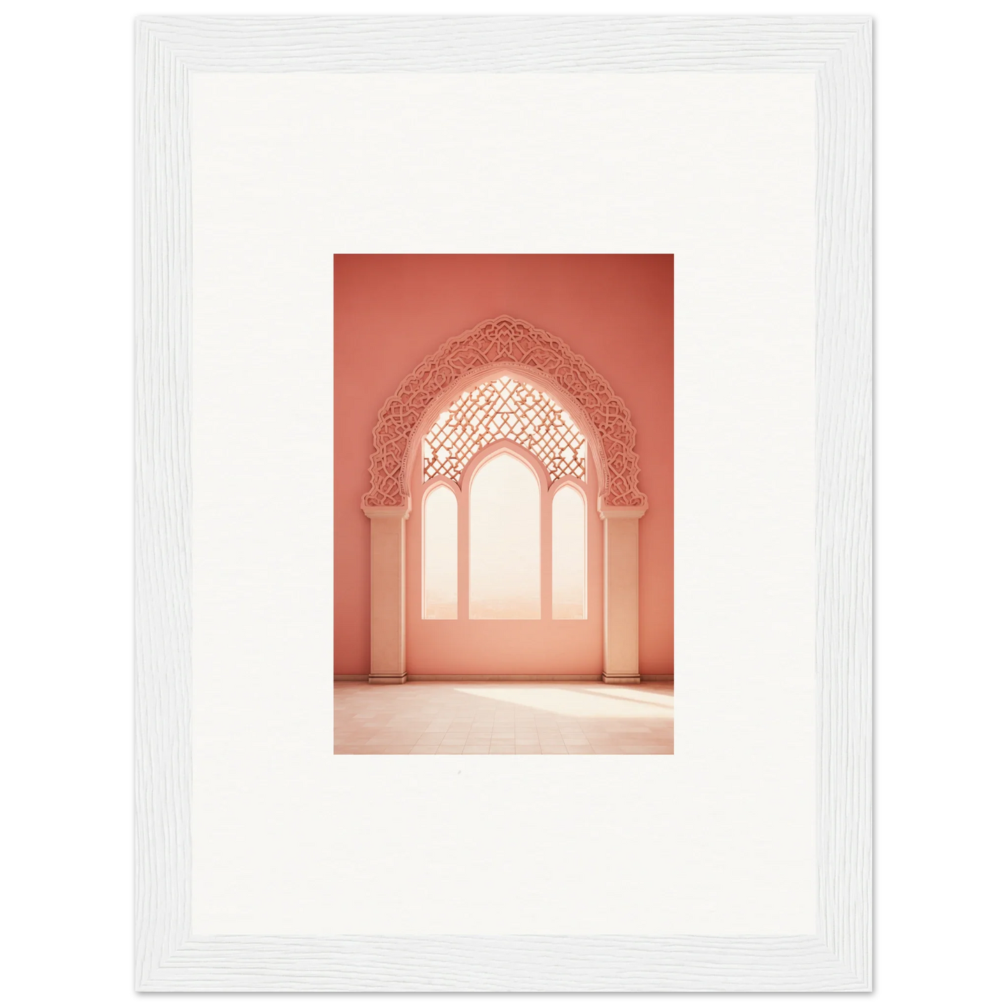 Ornate archway with Islamic patterns in coral pink from Versaille Sunset Reimagined art