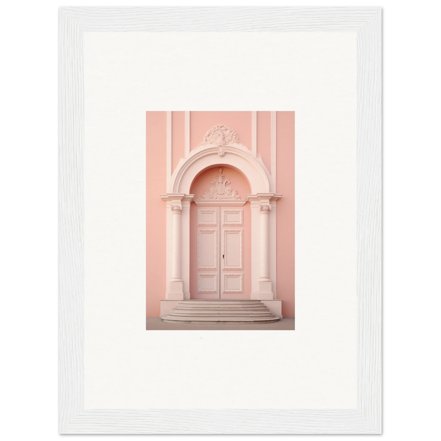 Elegant pink door with ornate white columns, showcasing the Petal Whispers Portal art