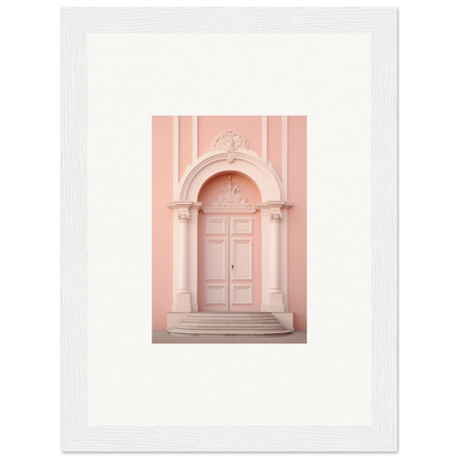 Elegant pink door with ornate white columns, showcasing the Petal Whispers Portal art