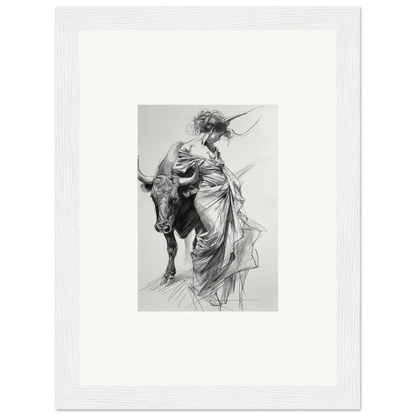 Black and white sketch of a bull and a robed figure for Dancing Flamenco premium framed wall