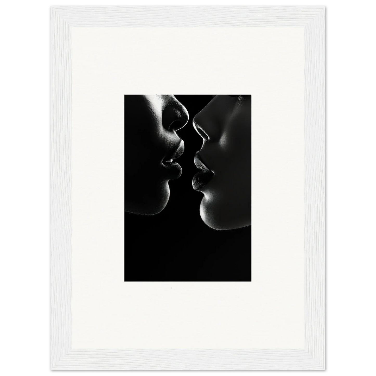 Two silhouettes in a romantic moment for Midnight Kiss Darkness framed wall art