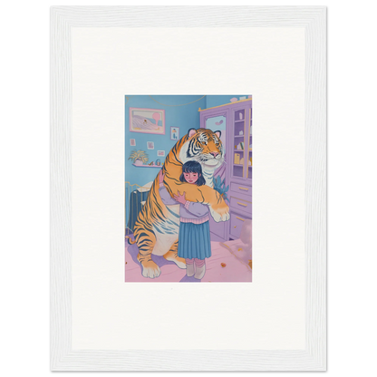 Young girl hugs a tiger in pastel room, perfect for wall art or canvas print