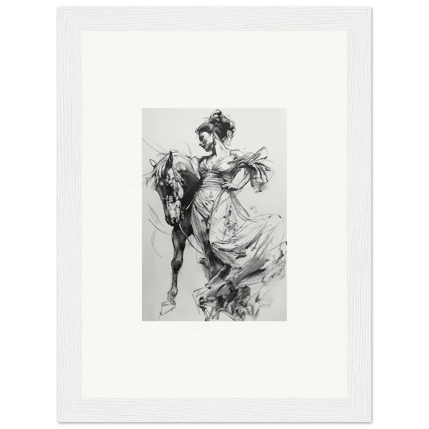 Black and white sketch of a horse and rider in motion for Thoughts Unbridled Dance framed wall art