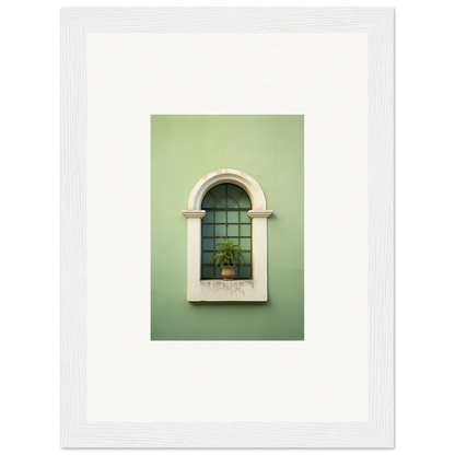 Arched window with white trim and mint wall in Eggshell PandæmonIA Bliss framed wall art