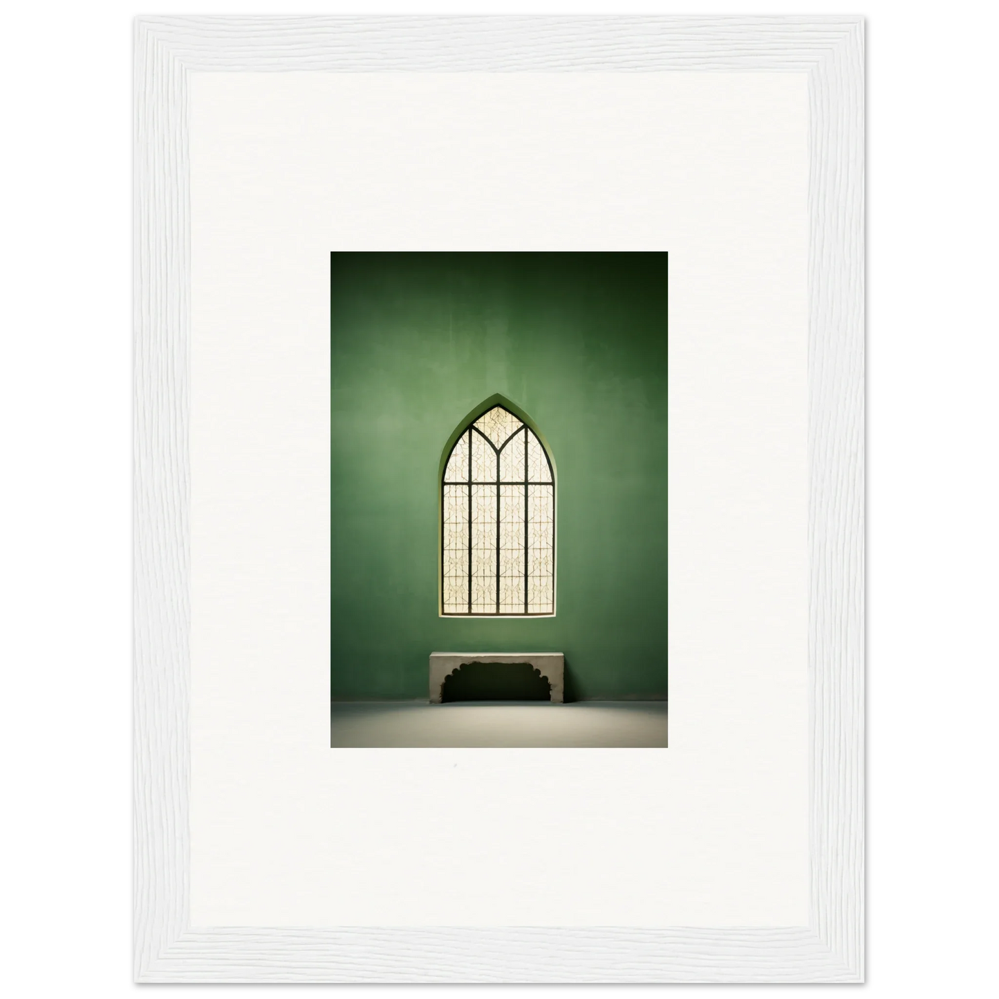 Gothic arched window with geometric panes above a bench in Evermind Greenthaum style