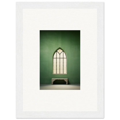 Gothic arched window with geometric panes above a bench in Evermind Greenthaum style