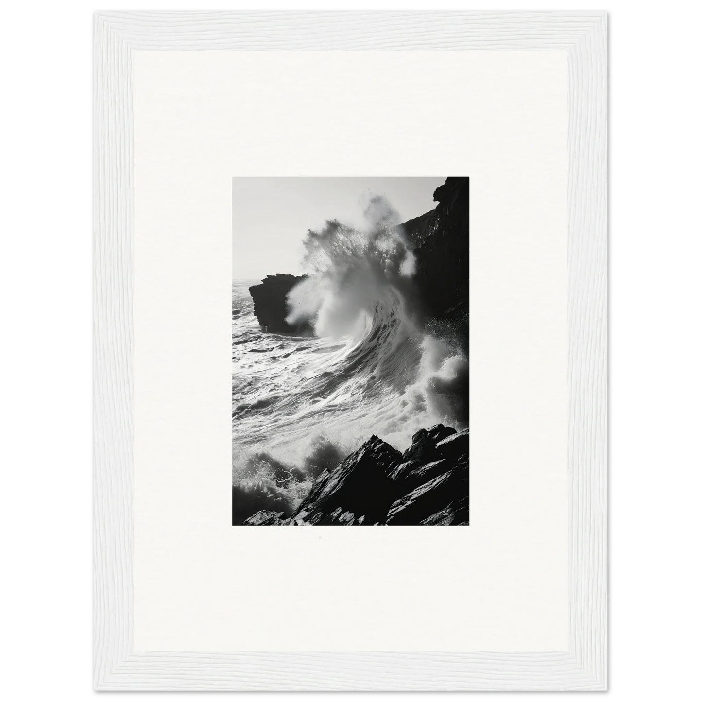 Powerful ocean wave crashing on cliffs in Incandescent Wave Tribute premium framed wall art