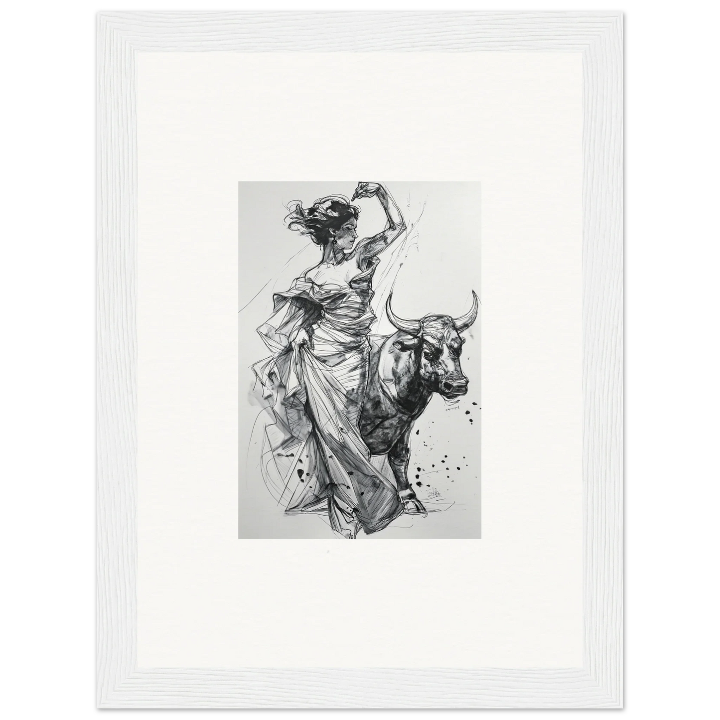 Black and white sketch of a figure in flowing robes riding a bull from Tauripe Mystique Visions