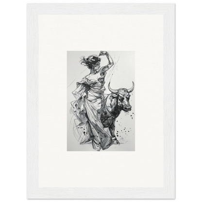 Black and white sketch of a figure in flowing robes riding a bull from Tauripe Mystique Visions