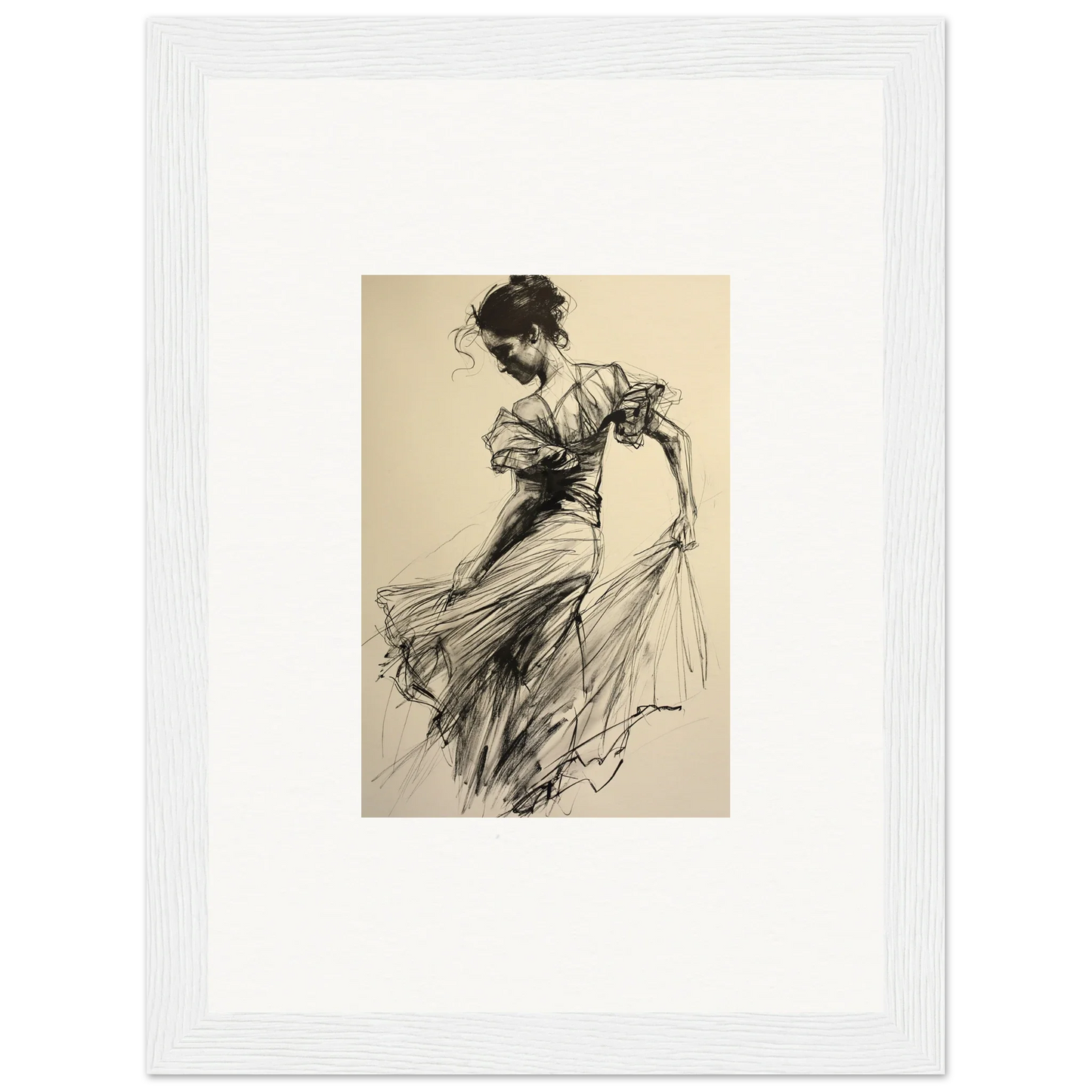 Elegant dancer sketch in flowing dress for Ethereal Pause Beneath framed wall art