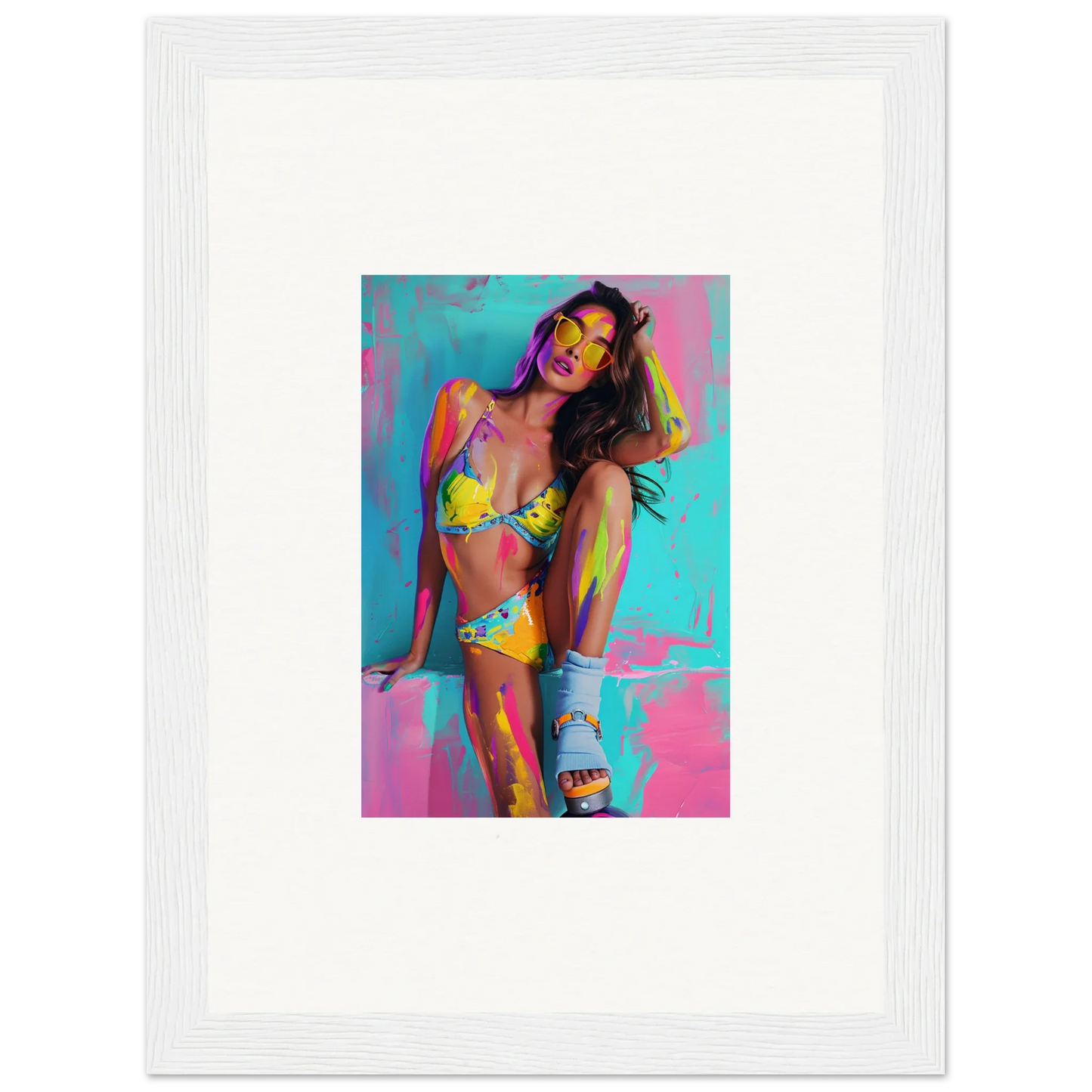 Colorful woman in yellow bikini with paint splashes, perfect for vibrant wall art