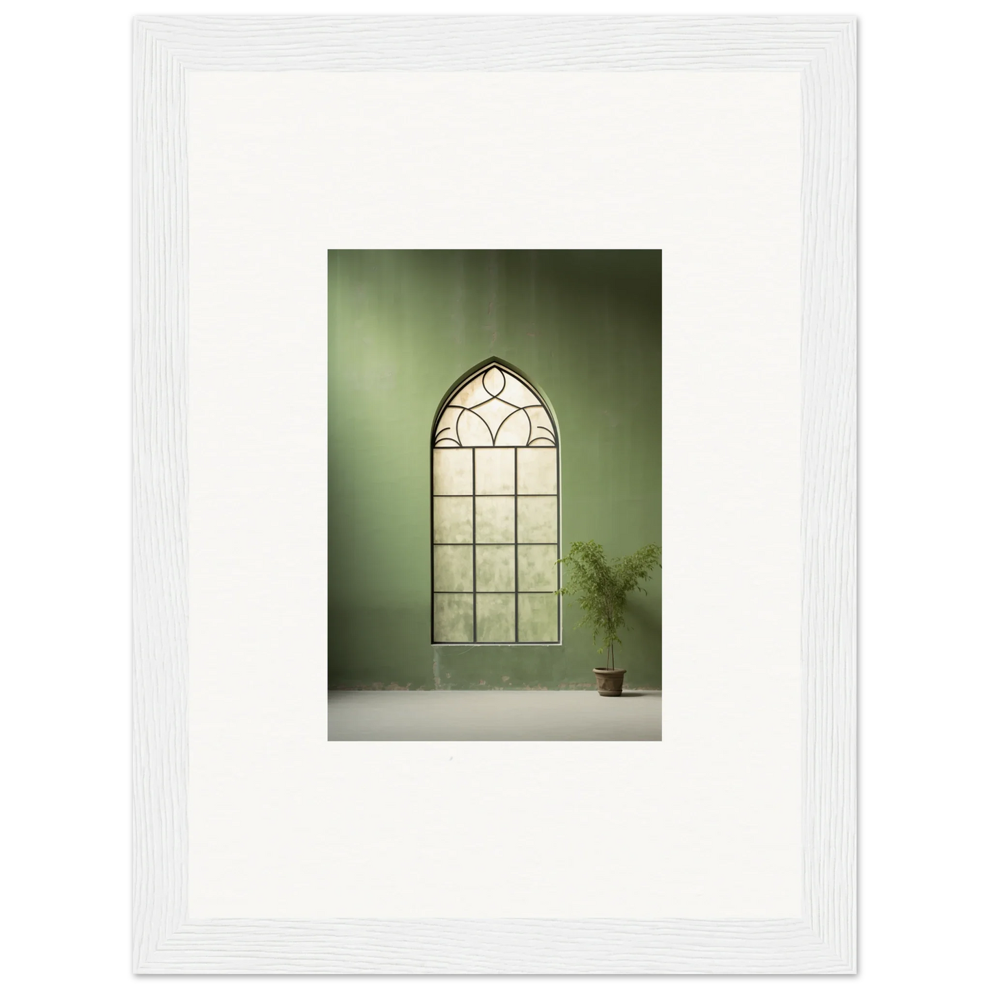 Gothic arched window with geometric leaded glass in Green Crescent premium framed wall art