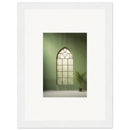 Gothic arched window with geometric leaded glass in Green Crescent premium framed wall art