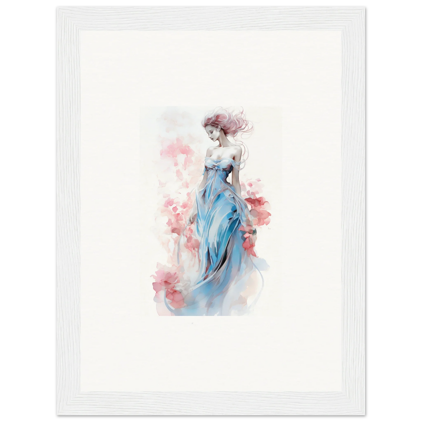 Watercolor wall art of a woman in a blue dress with pink flowers, perfect for room decoration