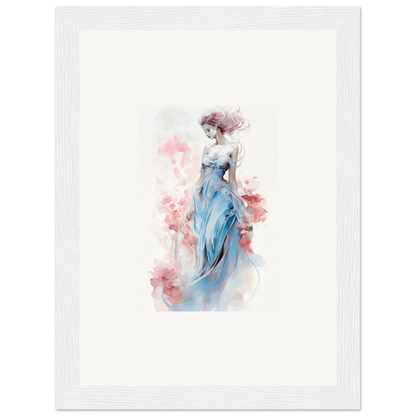 Watercolor wall art of a woman in a blue dress with pink flowers, perfect for room decoration