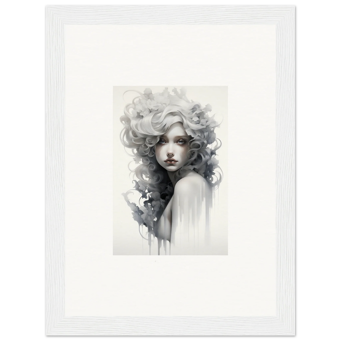 Black and white watercolor portrait of flowing hair in Visions Veil Morphling art