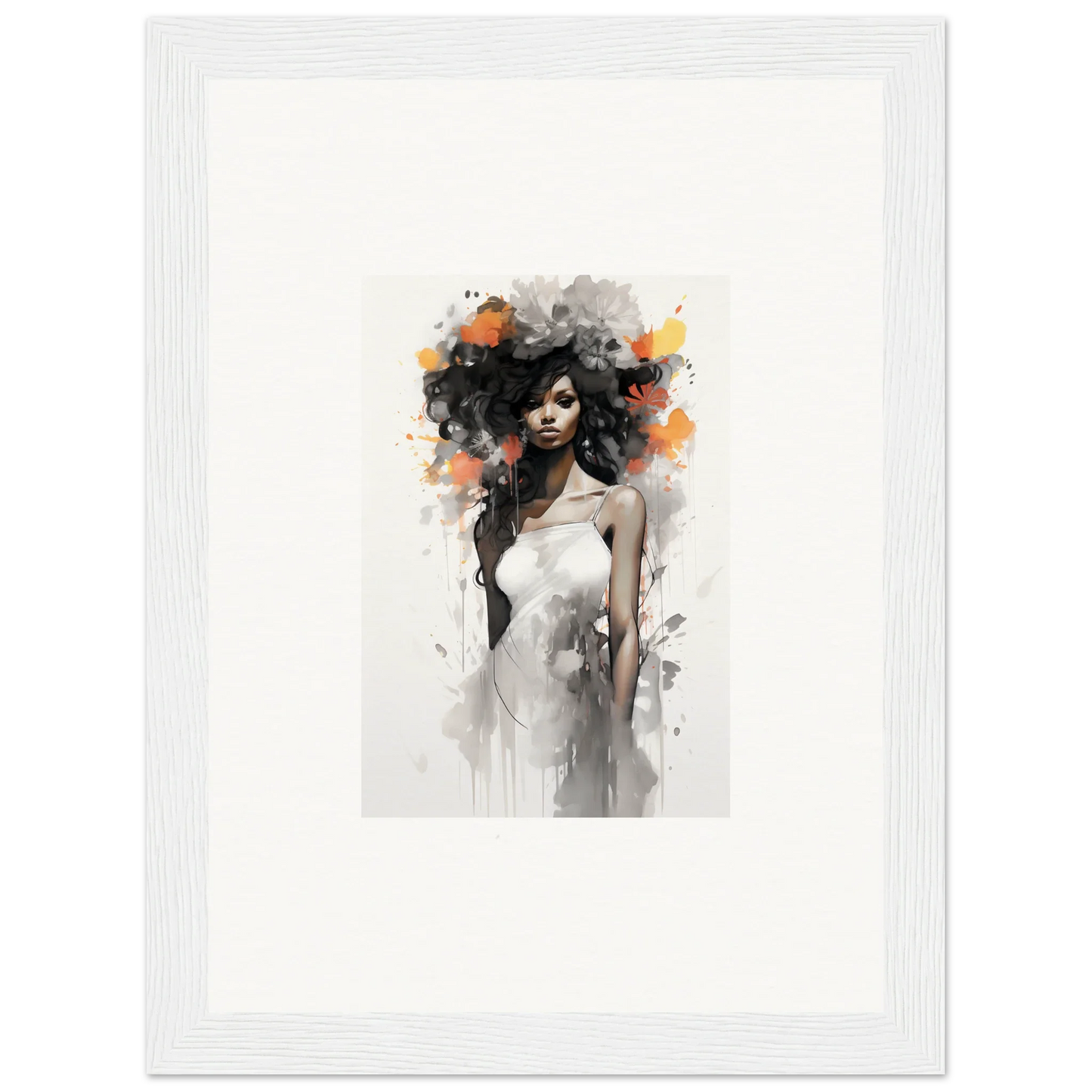 Artistic watercolor portrait with dark hair in a white dress, Ethereal Echoes Blossoms special edition