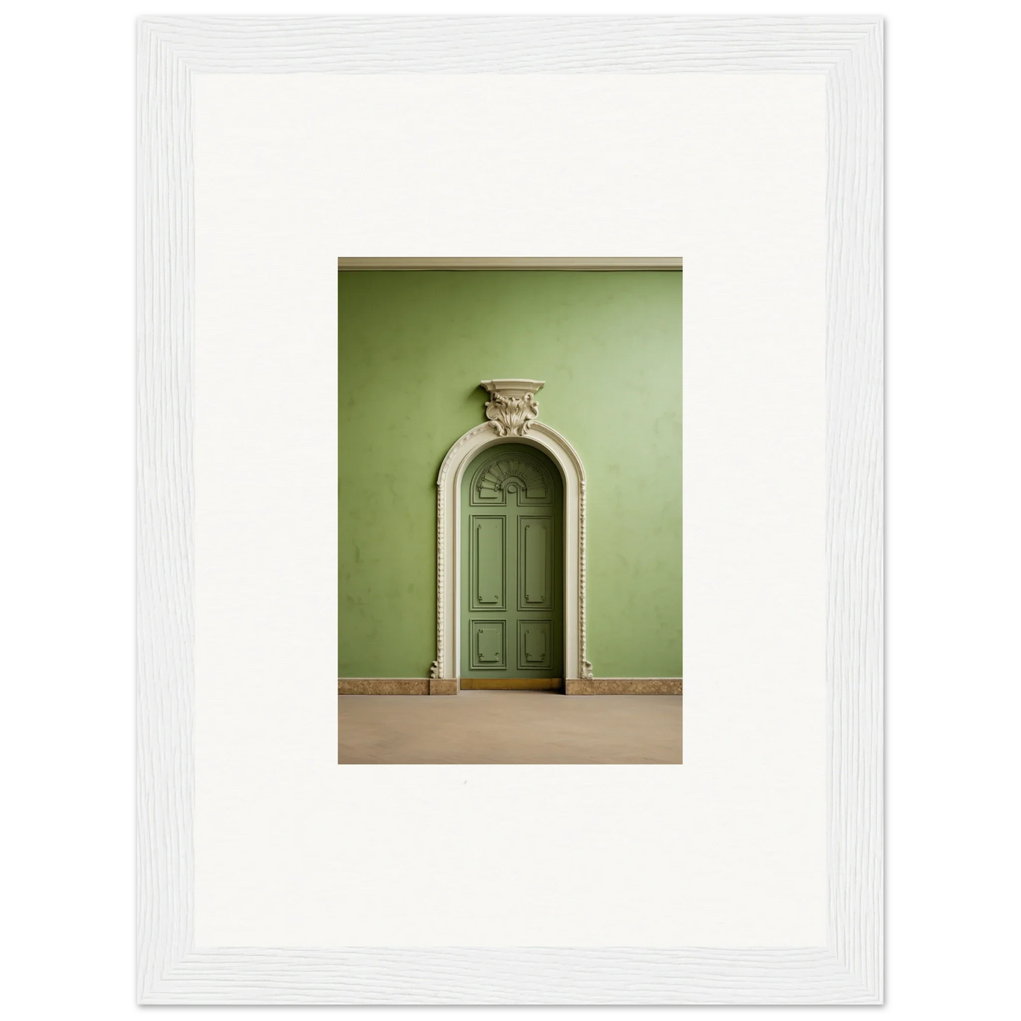 Arched green door with carved details in the Verdant Illusion Sphere framed wall art